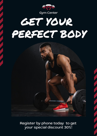 Muscular Young African American Man Lifting Barbell Flayer Design Template