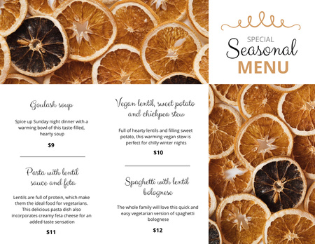 Plantilla de diseño de Seasonal Dishes With Dried Oranges Menu 11x8.5in Tri-Fold 