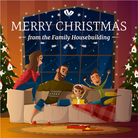 Ontwerpsjabloon van Instagram AD van Merry Christmas Greeting Family with Kids by Fir Tree