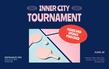 Modèle de visuel Annonce du tournoi de tennis de table avec équipement de sport rose - Invitation 4.6x7.2in Horizontal