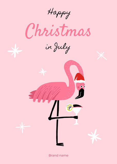 Christmas In July Greeting With Pink Flamingo Postcard A6 Vertical Πρότυπο σχεδίασης