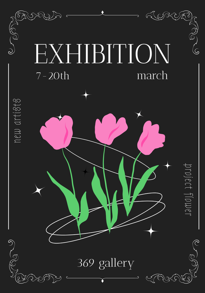 Designvorlage Exhibition Announcement with Tulips on Black für Poster 28x40in