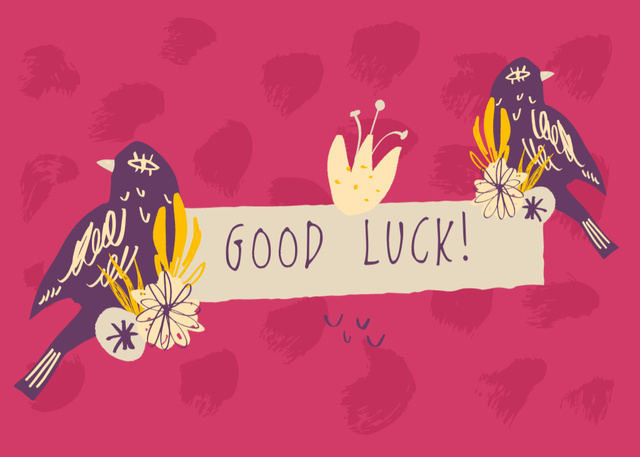 Good Luck Wishes with Birds on Pink Postcard 5x7in Design Template