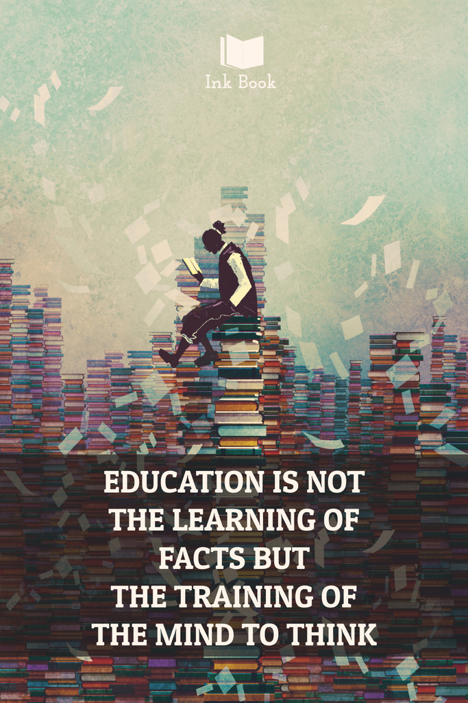 Education quote with man in library Pinterest Design Template