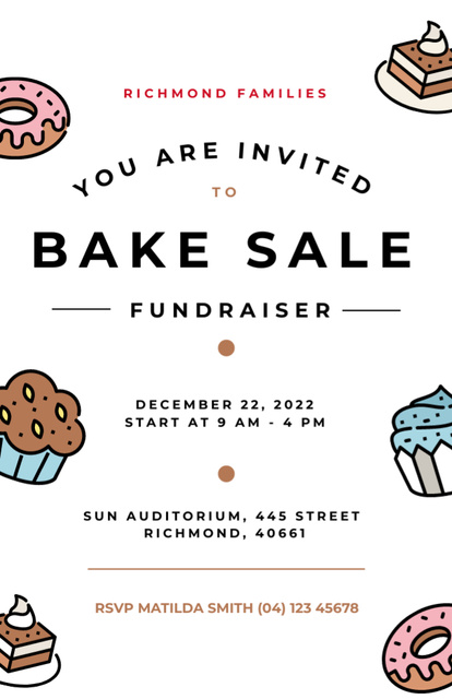 Plantilla de diseño de Bakery Sale Fundraiser With Aromatic Cupcakes And Donuts Invitation 5.5x8.5in 
