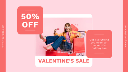 Оголошення про розпродаж на день Святого Валентина з веселою молодою жінкою FB event cover – шаблон для дизайну