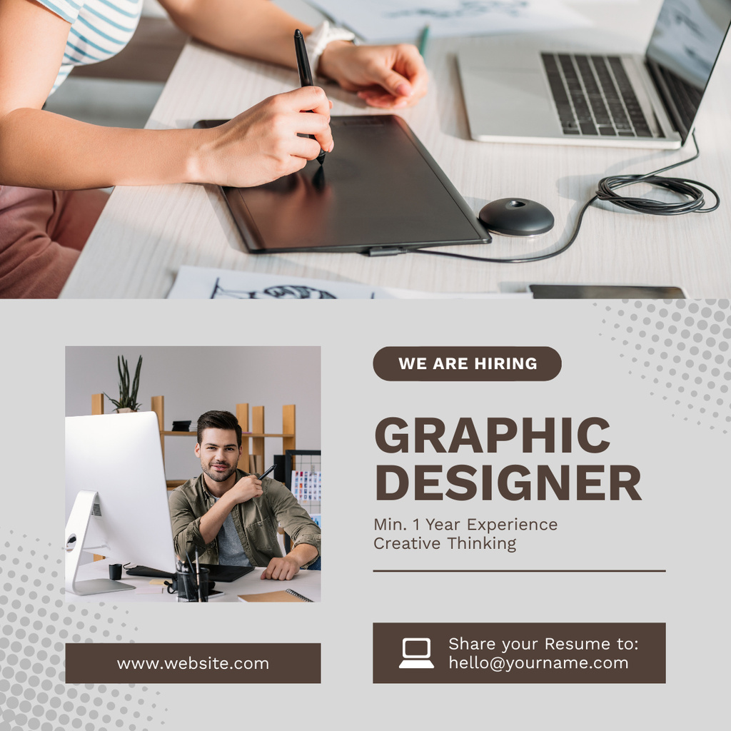 Modèle de visuel Hiring of Graphic Designer with Man by Laptop - LinkedIn post