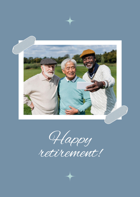 Designvorlage Senior Friends Taking Selfie With Retirement Greeting Phrase für Postcard 5x7in Vertical