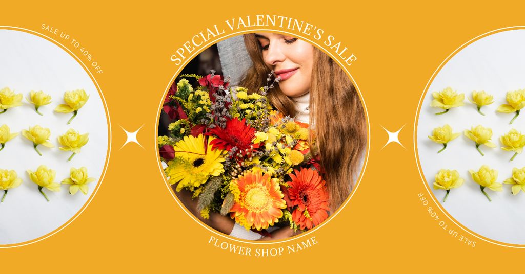 Plantilla de diseño de Sale Announcement for Valentine's Day with Woman with Bouquet of Flowers Facebook AD 