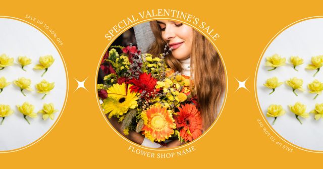 Sale Announcement for Valentine's Day with Woman with Bouquet of Flowers Facebook ADデザインテンプレート