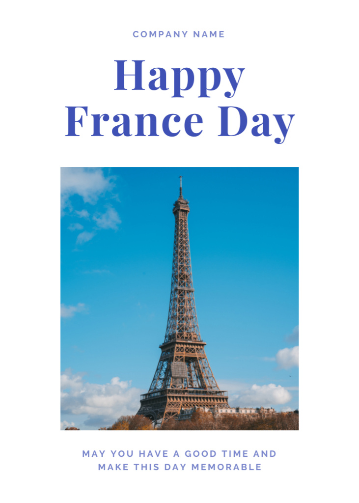 French National Day Celebration with View of Eiffel Tower Postcard 5x7in Vertical Πρότυπο σχεδίασης