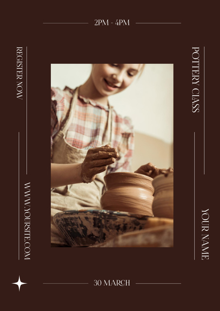 Ontwerpsjabloon van Poster van Pottery Workshop Ad with Cheerful Girl Making Bowl of Clay