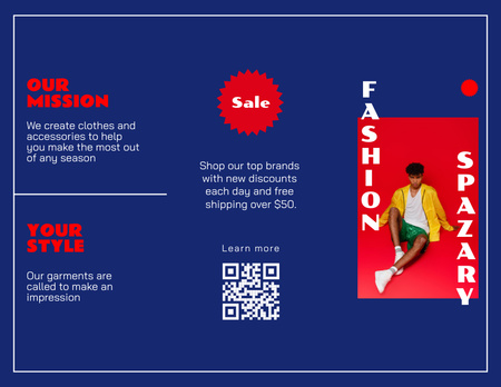 Fashion Sale with Stylish Young Guy on Blue Brochure 8.5x11in Z-fold Tasarım Şablonu