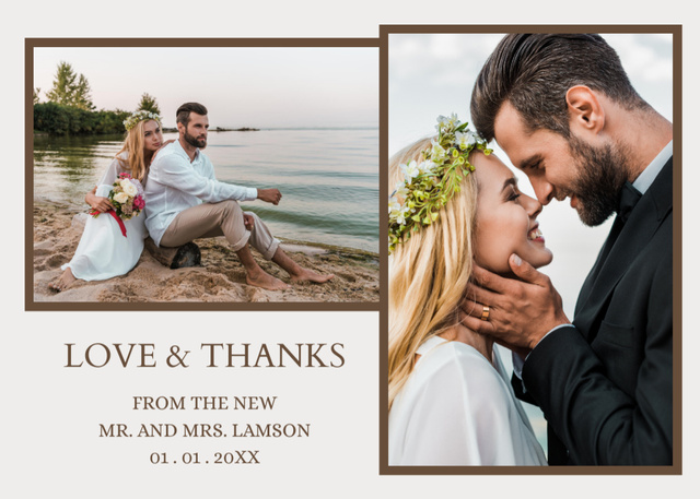 Handsome Groom and Bride Sitting on Beach Postcard 5x7in Design Template