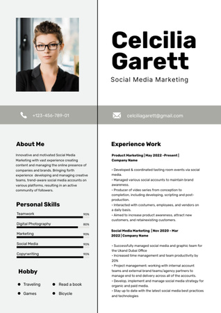 Plantilla de diseño de Skills and Experience in Social Media Marketing Resume 