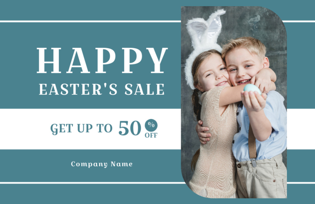 Easter Sale Offer with Cute Little Kids on Blue Thank You Card 5.5x8.5in Design Template