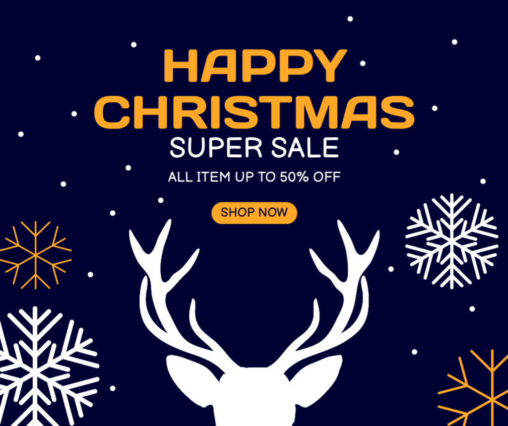 Christmas Super Sale Ad with Reindeer and Snowflakes Facebookデザインテンプレート