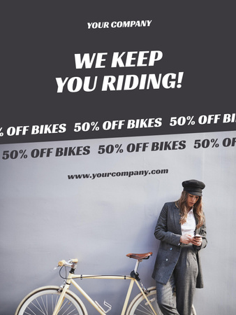 Bicycle Discount Offer with Stylish Woman in Hat Poster US Design Template
