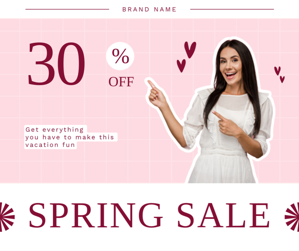 Spring Sale with Beautiful Brunette in White Facebook Design Template
