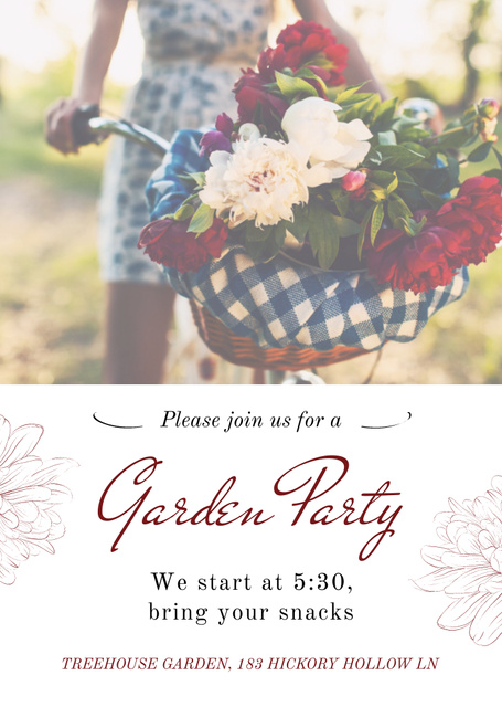 Garden Party Invitation with Girl Riding Bicycle Flyer A6デザインテンプレート