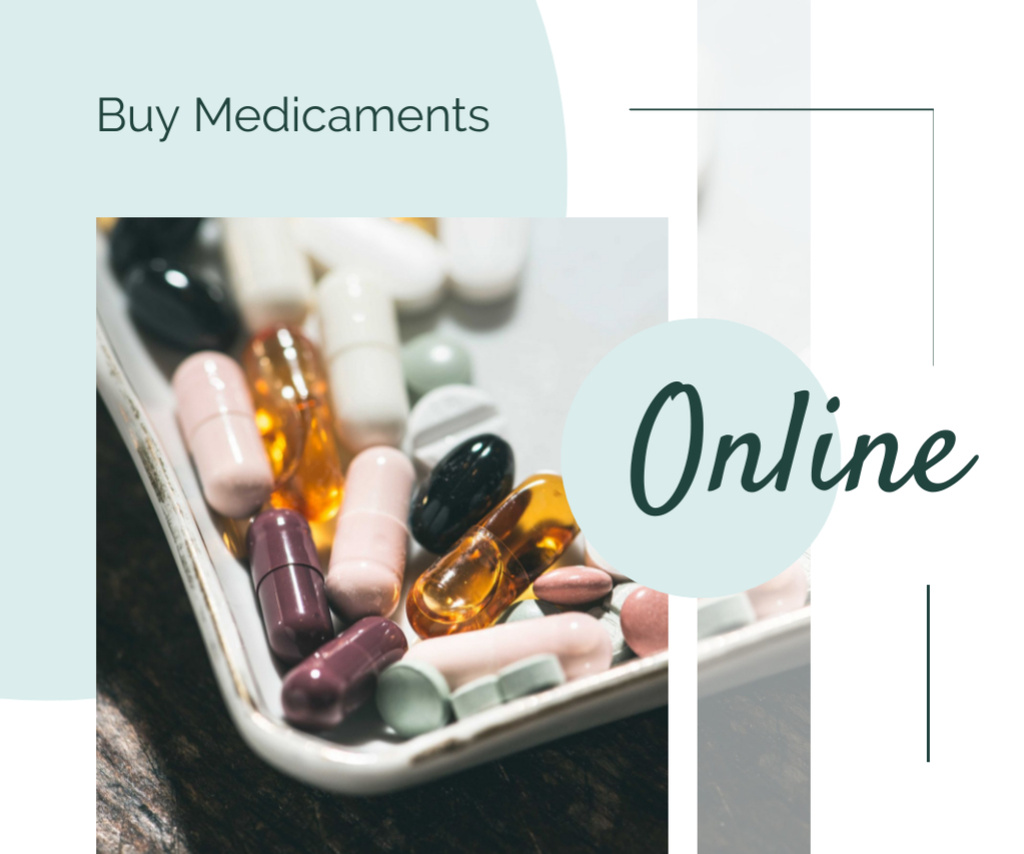 Online Drugstore Offer with Assorted Pills and Capsules Medium Rectangleデザインテンプレート