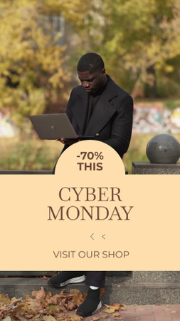 Anúncio de venda da Cyber Monday com jovem usando laptop TikTok Video Modelo de Design