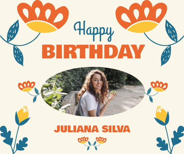 Blue and Orange Floral Layout of Birthday Greeting Facebook Design Template