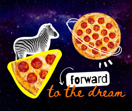 Funny Illustration of Zebra flying on Pizza Facebook Design Template