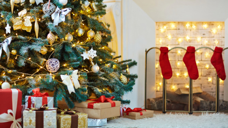 Ontwerpsjabloon van Zoom Background van Elegante nieuwjaarsboom met geschenken