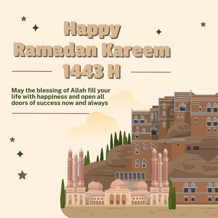 モスクのイラスト付きラマダン カリームの祝日の挨拶 Instagramデザインテンプレート