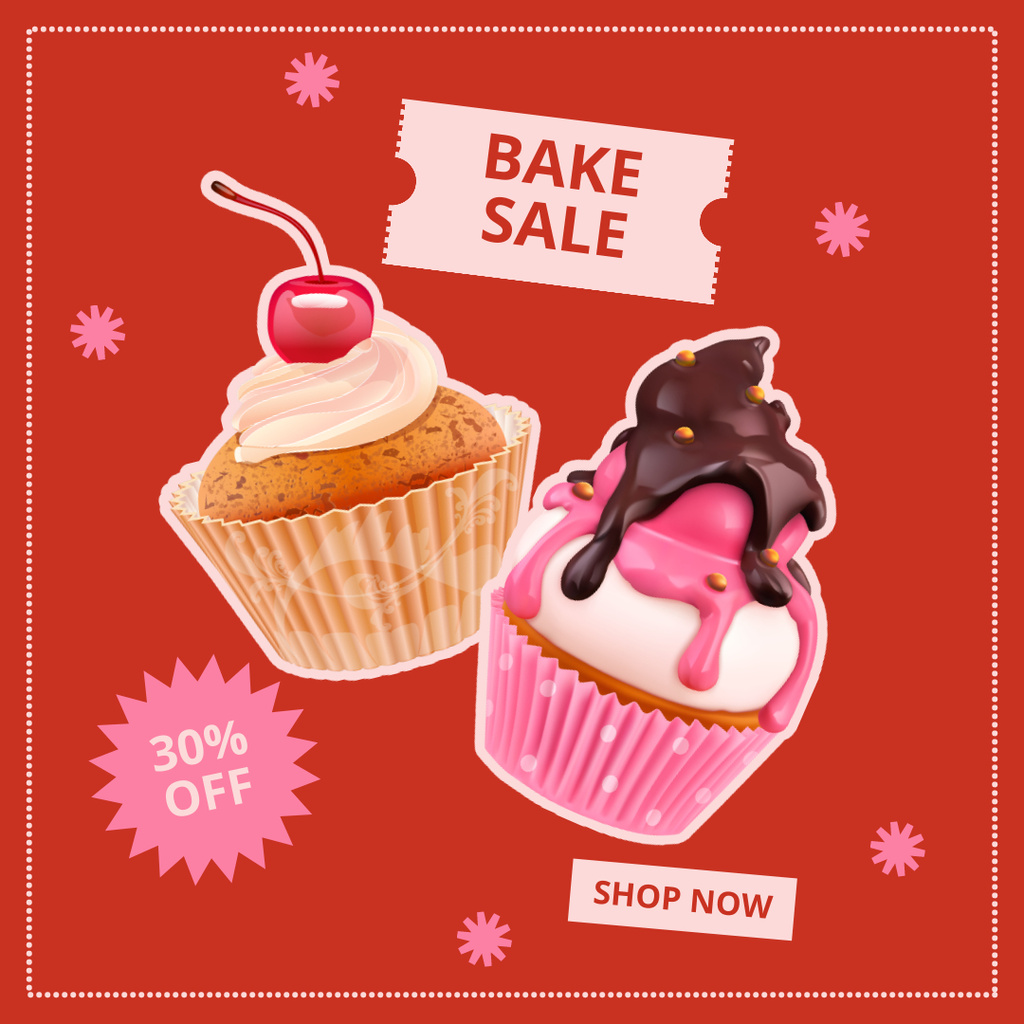 Cupcakes and Bake Sale Ad on Red Instagram Tasarım Şablonu