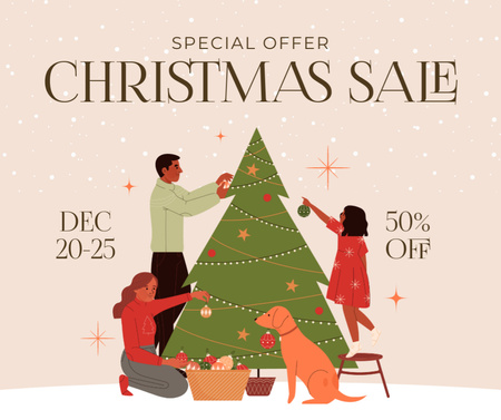 Designvorlage Weihnachtsverkaufsanzeige mit Familie, die Weihnachtsbaum schmückt für Facebook
