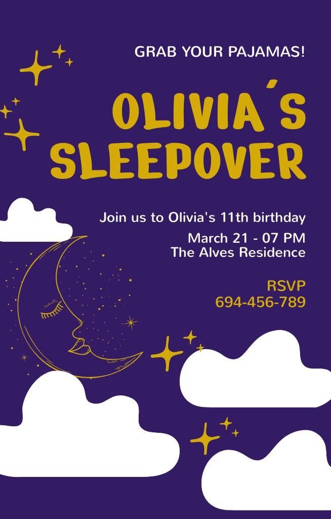 Olivia's Sleepover Party  Invitation 4.6x7.2inデザインテンプレート