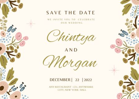 Wedding Invitation with Cartoon Flowers Postcard Design Template