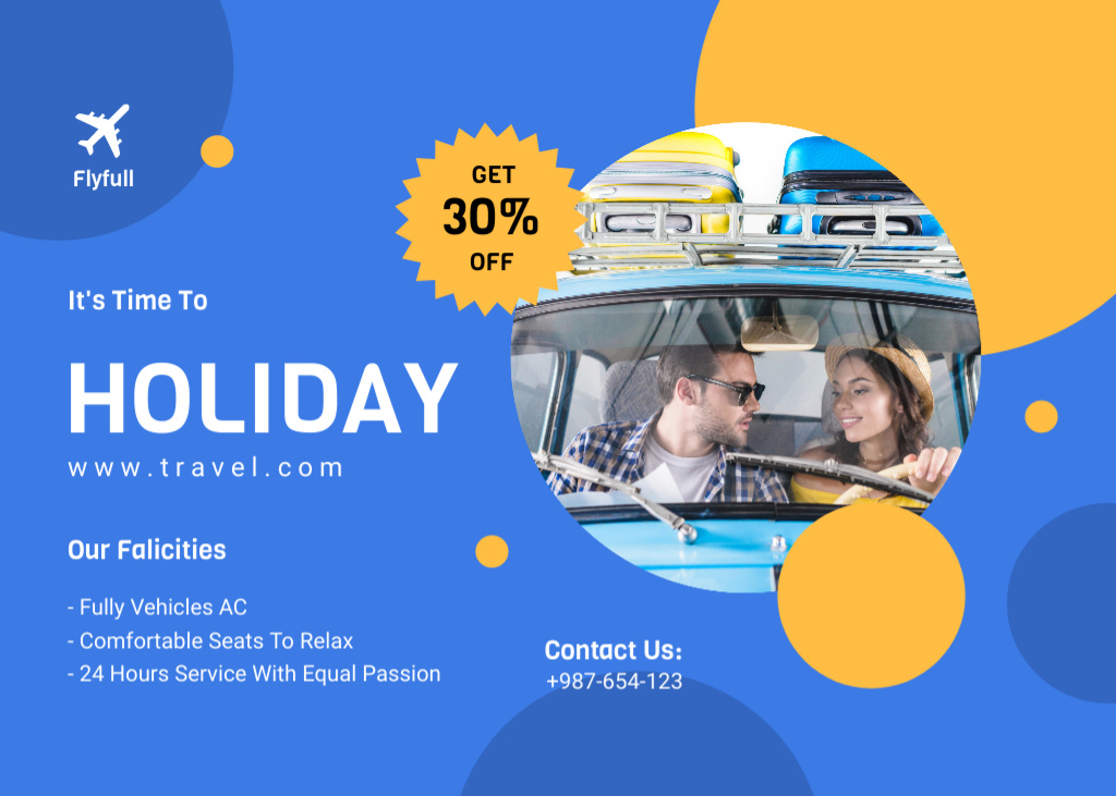 Platilla de diseño Offer of Discount with Happy Couple Traveling by Car on Holiday Flyer 5x7in Horizontal