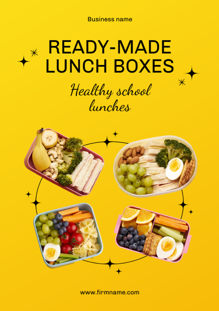 School Food Ad with Lunch Boxes on Yellow Flyer A5 Tasarım Şablonu
