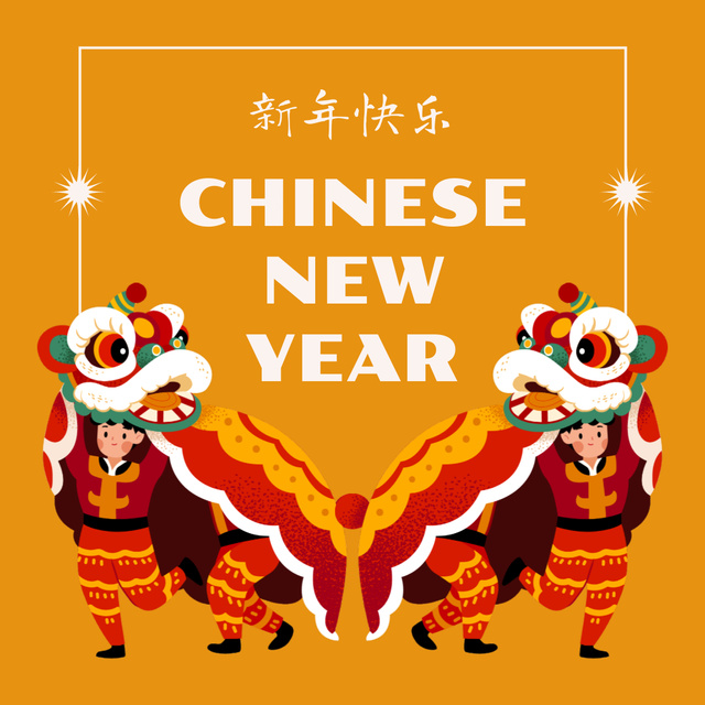 Chinese New Year Celebration with Cute Dragon Costumes Instagramデザインテンプレート