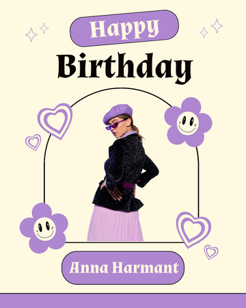 Hyvää syntymäpäivää violetille tytölle Instagram Post Vertical Design Template