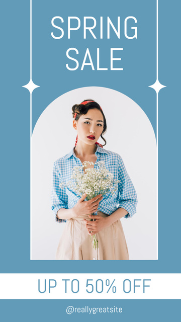 Spring Sale Offer with Brunette Woman with Bouquet of Flowers Instagram Story Modelo de Design
