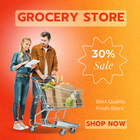 Fresh Groceries Sale Offer And Couple With Trolley Instagram Design Template