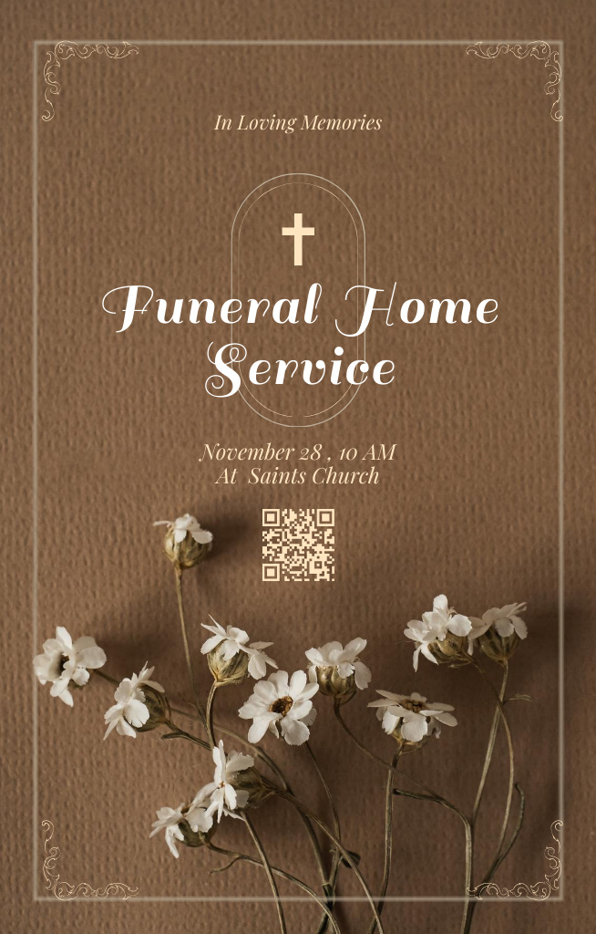 Template di design Religious Funeral Service Alert with Flowers on Brown Invitation 4.6x7.2in