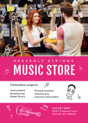 Musical Instrument Shop Offer And Woman Selling Guitar