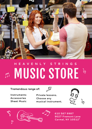 Plantilla de diseño de Oferta de tienda de instrumentos musicales y mujer vendiendo guitarra Postcard 5x7in Vertical 