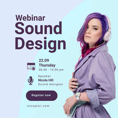 Designvorlage Vorschlag für ein Sounddesign-Webinar mit einer jungen Frau in Kopfhörern für Instagram