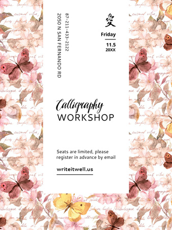 Calligraphy Workshop Announcement Watercolor Flowers Poster US Modelo de Design