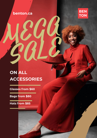 Designvorlage Mega Sale mit einer in Rot gekleideten Afroamerikanerin für Flyer A5