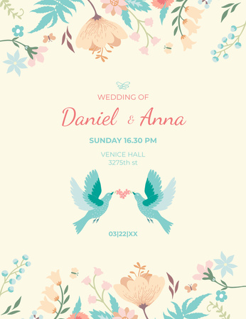 Wedding Announcement With Loving Birds Invitation 13.9x10.7cm Design Template