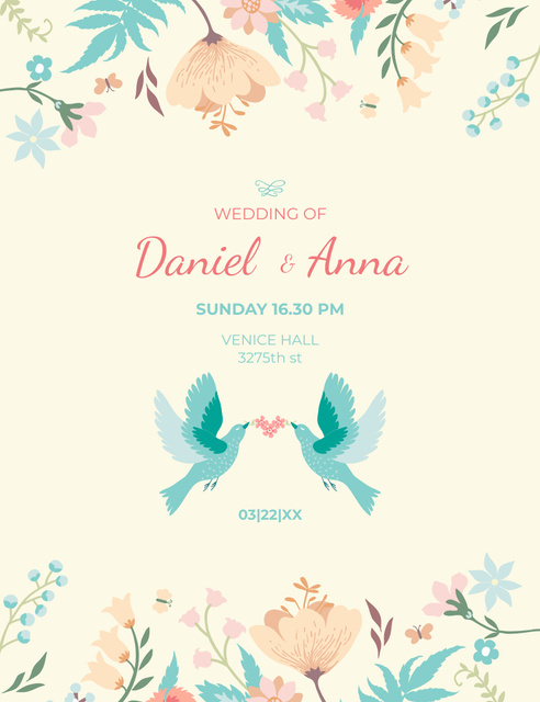 Wedding Announcement With Loving Birds Invitation 13.9x10.7cm Tasarım Şablonu