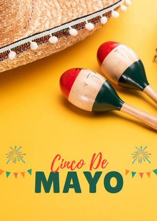 Designvorlage Cinco de Mayo-Gruß mit Maracas und Sombrero auf Gelb für Postcard 5x7in Vertical