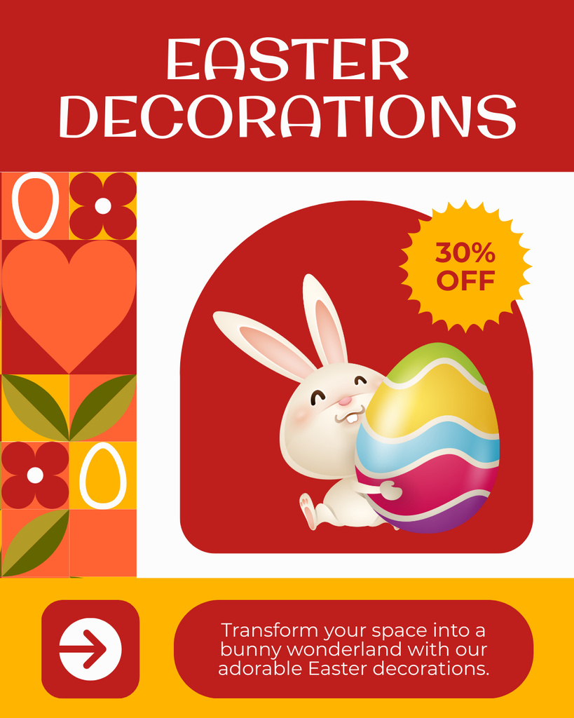 Easter Decorations Discount with Cute Bunny holding Egg Instagram Post Vertical Tasarım Şablonu